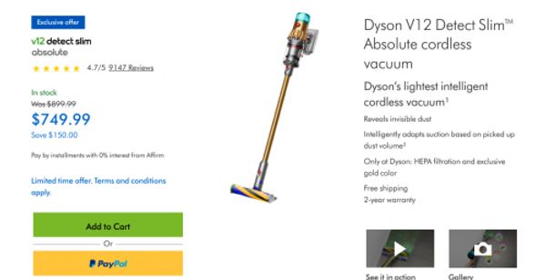 Dyson Canada: V12 Detect Slim Absolute Cordless Vacuum $749.99 + Outlet 