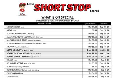 Little Short Stop Flyer September 3 to 8