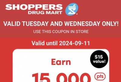 Shoppers Drug Mart Canada Tuesday Text Offer: Get 15,000 PC Optimum Points When You Spend $50