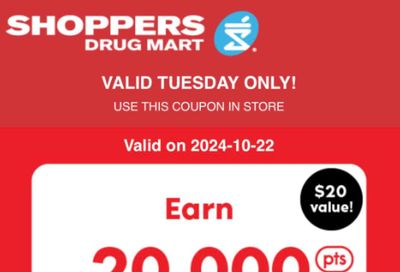 Shoppers Drug Mart Canada Tuesday Text Offer: Get 20,000 PC Optimum Points When You Spend $60 or More October 24th Only