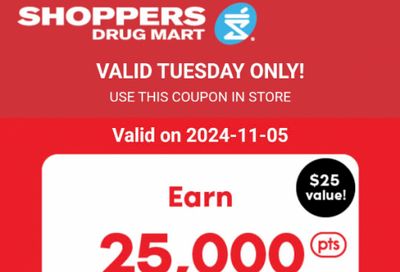 Shoppers Drug Mart Canada Tuesday Text Offer: Get 25,000 PC Optimum Points When You Spend $75 or More November 5th Only