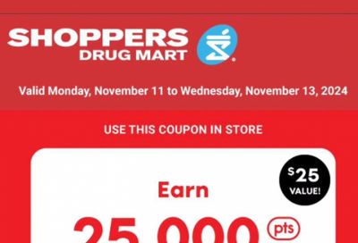 Shoppers Drug Mart Canada Text Offer: Get 25,000 Points When You Spend $75 November 11th – 13th